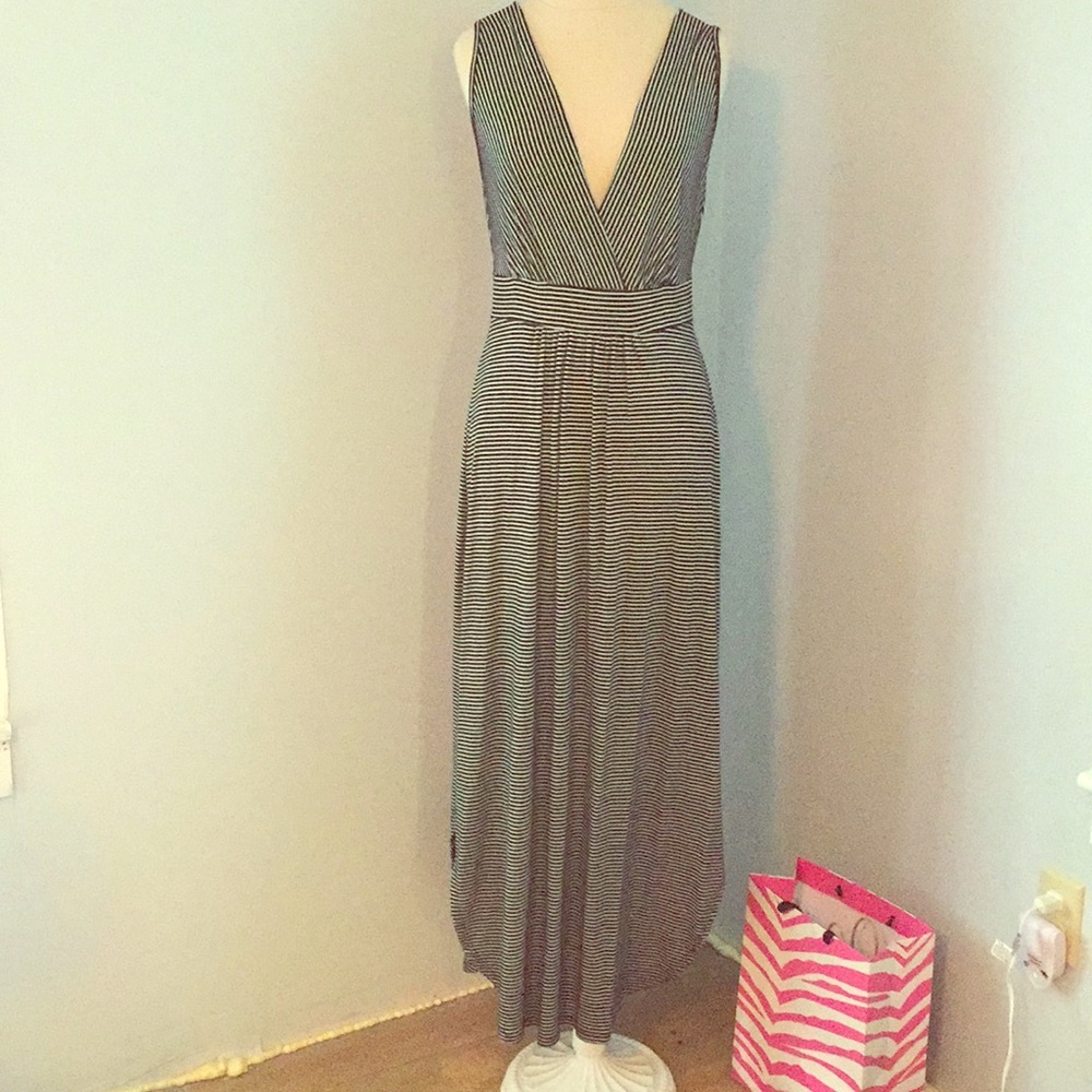 Black with white stripes deep V-neck maxi dress